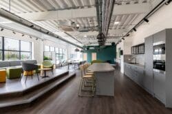 Open plan dining space and tea point in an industrial warehouse fit out project in Dartford, Kent.