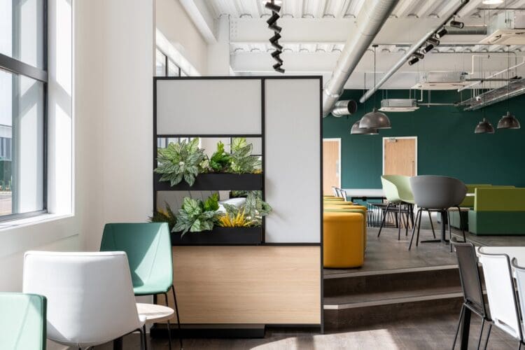 Dividing panel incorporating biophilic elements enhancing the sense of wellbeing within the staff dining space.