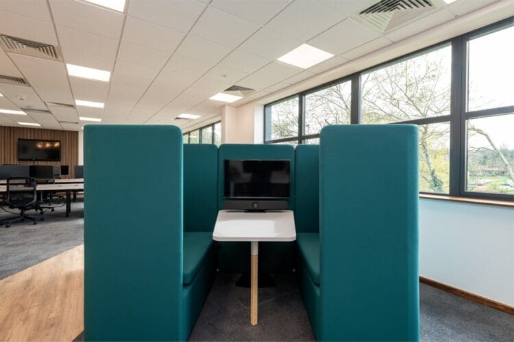 Acoustic meeting booth in an office interior design and fit out for a food supply company in Kent.