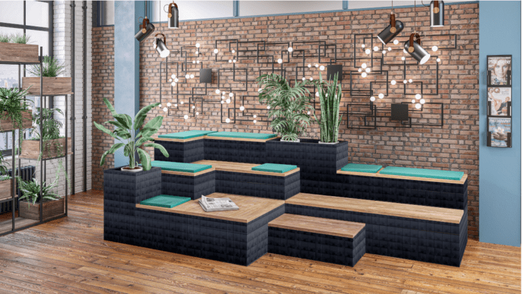 Bleacher seating created using eco friendly product which can be reconfigured to host meeting in an office fit out.