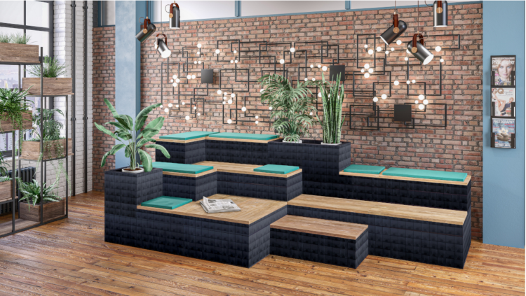 Bleacher seating created using eco friendly product which can be reconfigured to host meeting in an office fit out.