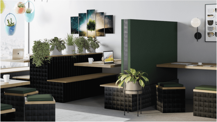 Booth seating and partition wall created using sustainable modular construction system, Morph Bricks.