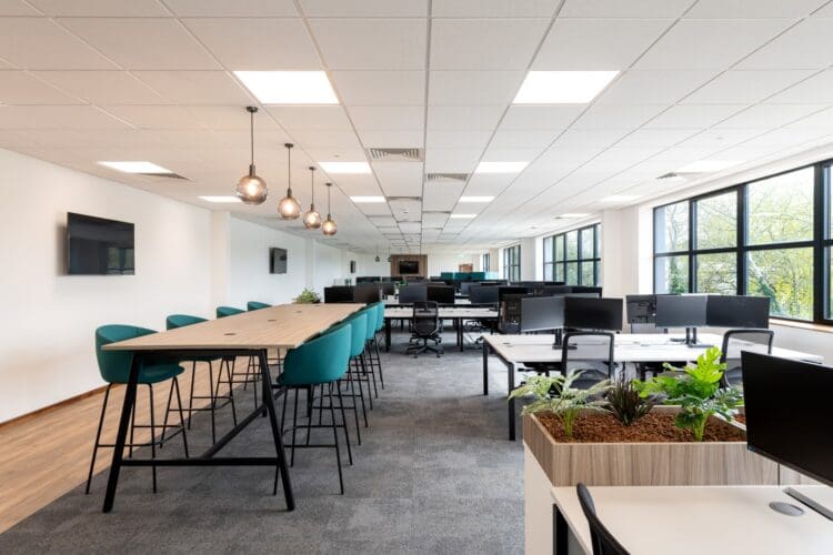 Open plan office layout with collaboration tables, office desks and planter top storage units.
