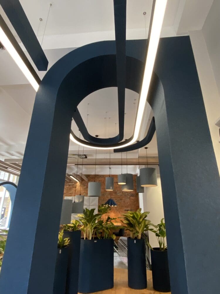 Acoustic ceiling baffles in Allsfar's showrrom at Clerkenwell Design Week.