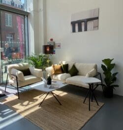 Orn furniture showroom in Clerkenwell, London, showcasing soft seating breakout area.