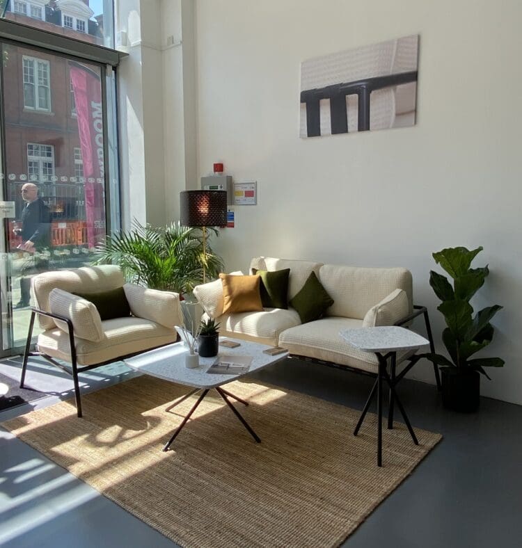 Orn furniture showroom in Clerkenwell, London, showcasing soft seating breakout area.