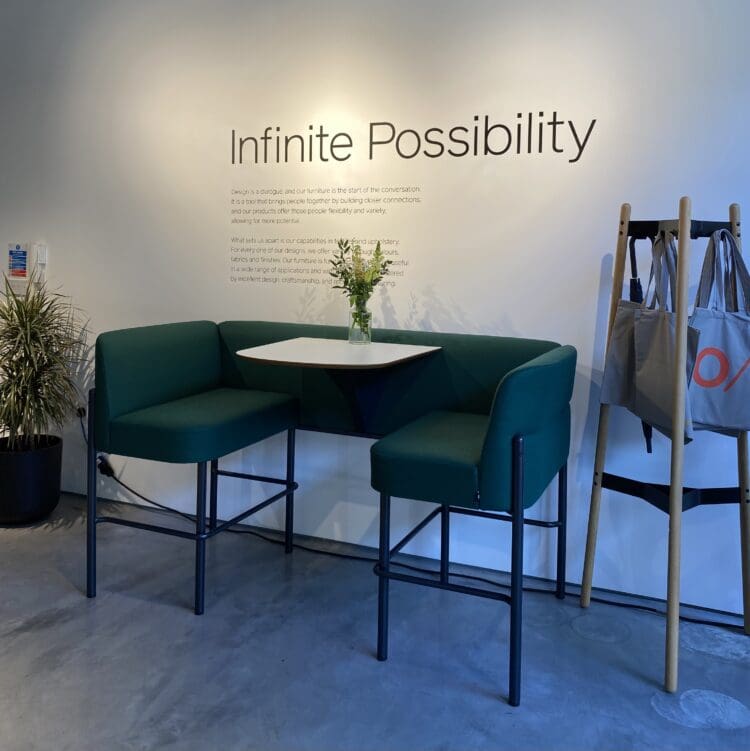 Naughtone meeting table and chairs in their furniture showroom in Clerkenwell, London.