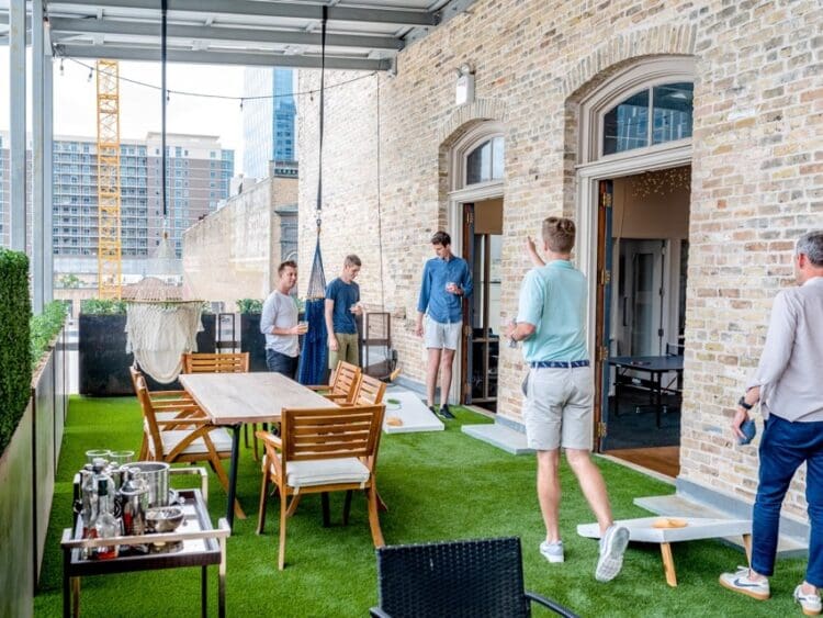Outdoor workspace for colleagues to collaborate, host meetings and socialise in.