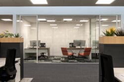 Modern office interior design and fit out project project with meeting room, office desking and planters.