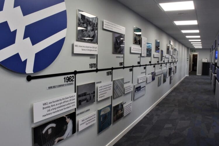 Corporate company branded timeline wall graphic for office interior design project at Wire Belt in Sittingbourne, Kent.