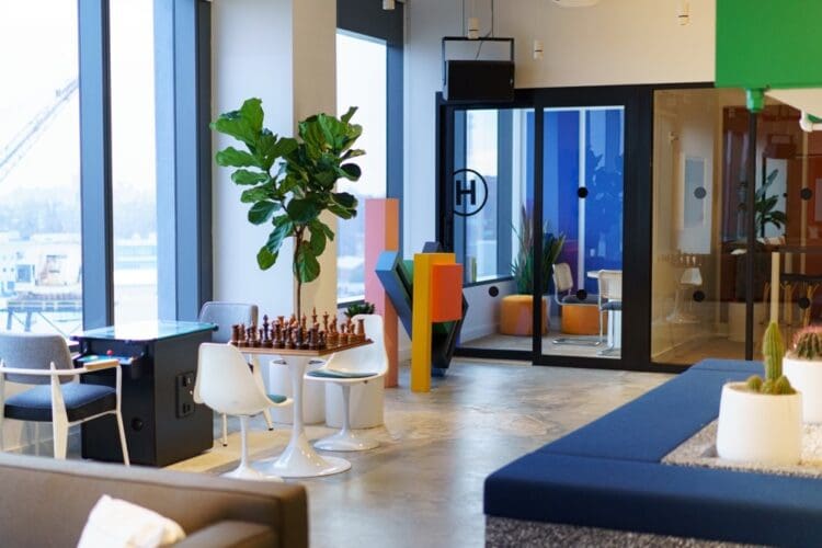 Bold office interior design scheme to attract employees to the office.