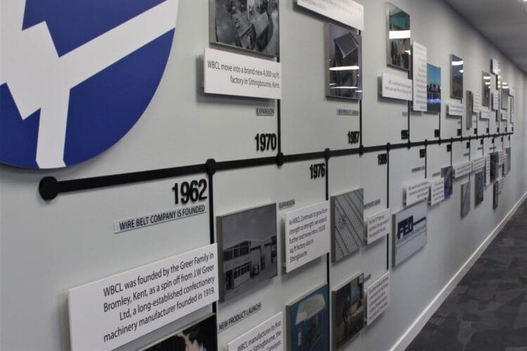 Corporate company branded timeline wall graphic for office interior design project at Wire Belt in Sittingbourne, Kent.