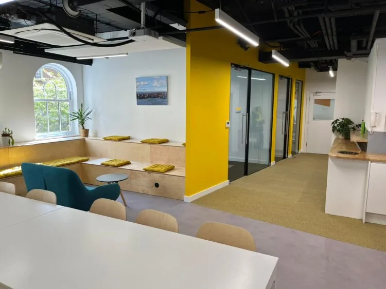 Private meeting rooms and breakout space in modern office refurbishment London.