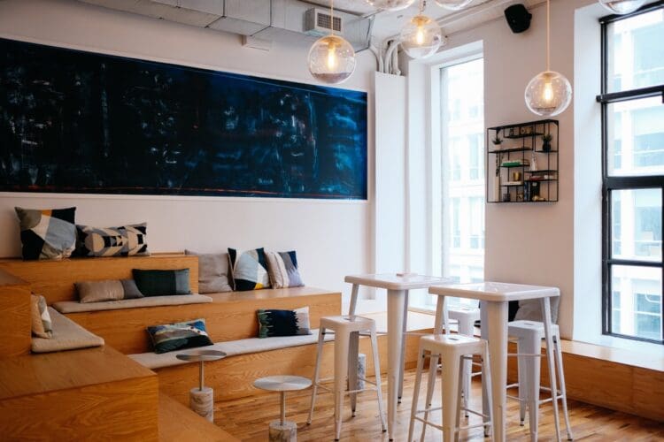 Office collaboration space with bleacher seating office furniture solutions.