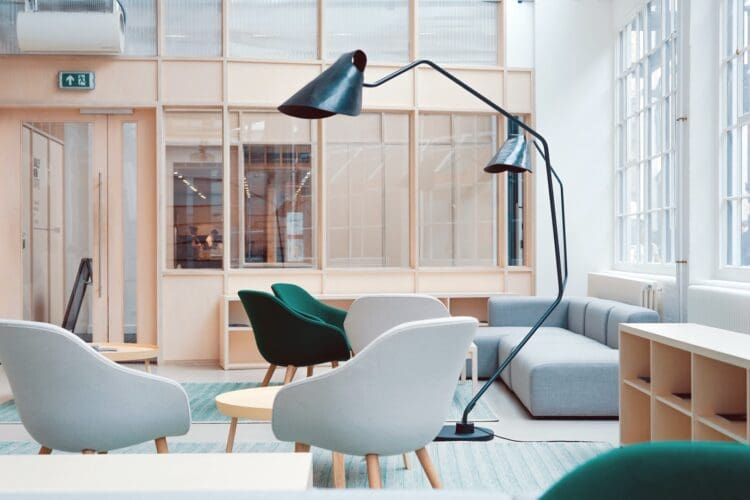 Scandinavian office interior design scheme with office furniture solutions.