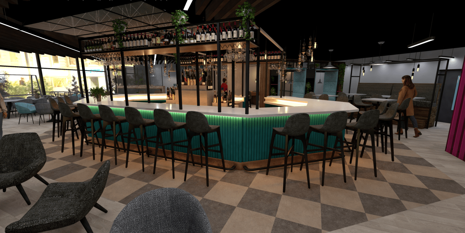 3d visualisation of an interior design scheme for a bar leisure space.