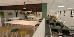 Turkey Mill render of office breakout area on a mezzanine floor.