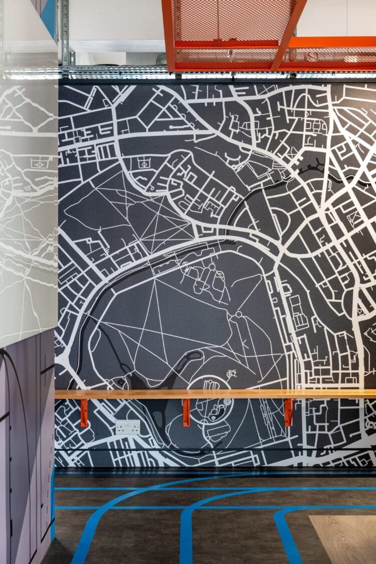 Feature Wall Street map vinyl wall graphics in office refurbishment in London.