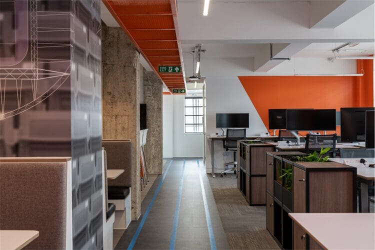 Modern office interior design scheme with office furniture solutions.