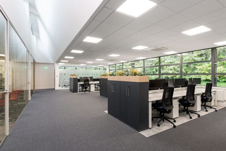 Office interior design scheme with open plan layout.