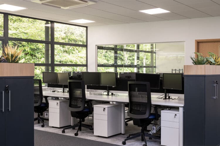 Open plan office design with modern office furniture solutions.