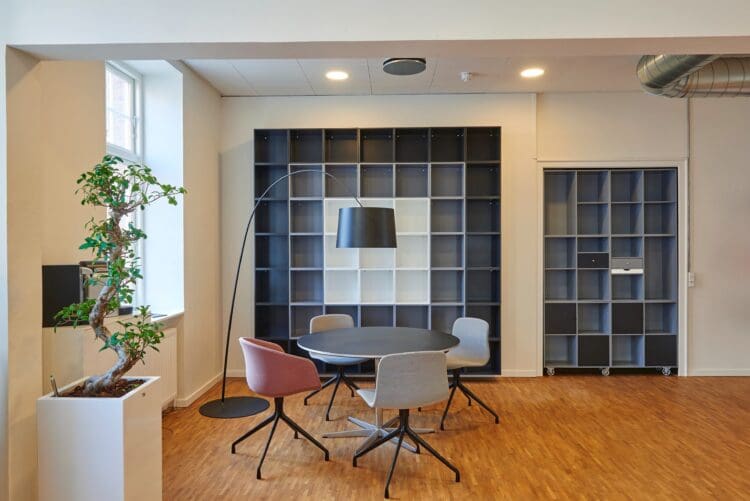 Sustainable office fit out with office furniture solutions and shelving wall.