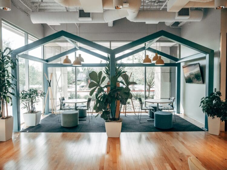 Sustainable office interior design scheme for an inviting, modern workspace.
