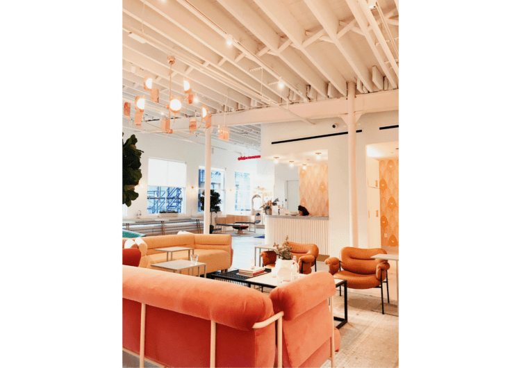Office breakout space with hospitality inspired interior design scheme.