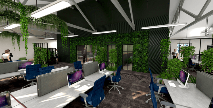 3D render of modern office interior design scheme with biophilic elements.