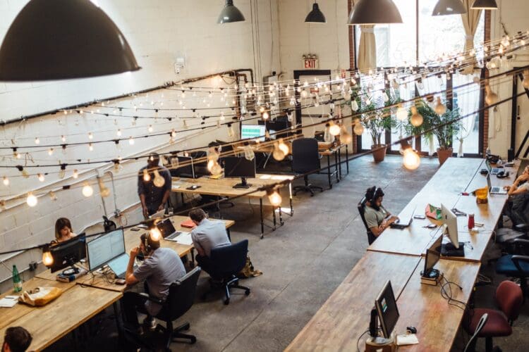 Modern open plan coworking office space design.