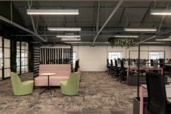 Open plan office space plan with modern pink and green office furniture solutions.