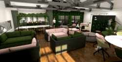 3D render of office break out space and meeting room design.
