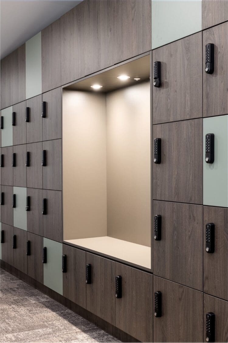 Bespoke digital locker wall with integrated seating solution.