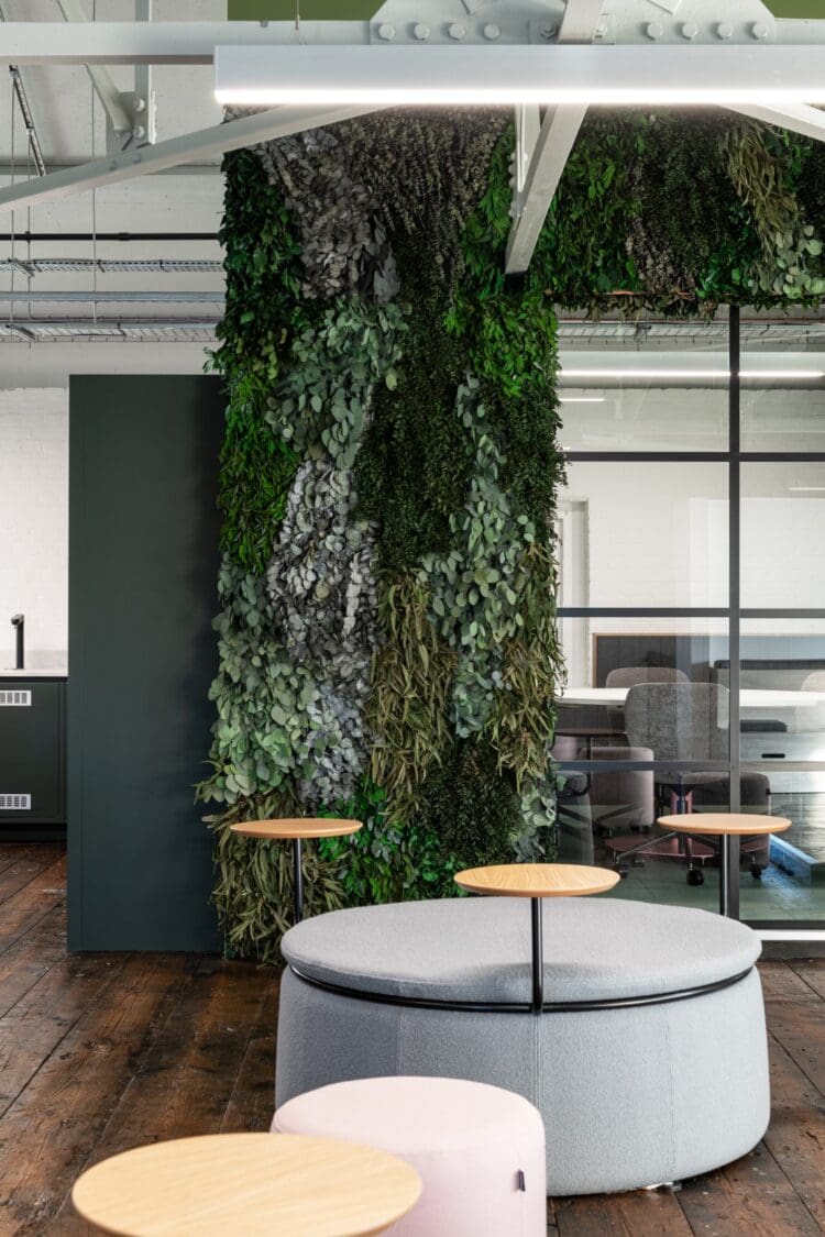 Biophilic feature wall and office breakout space. Rap Interiors
