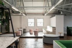 Bleacher seating in collaboration space in office interior design project in Kent.
