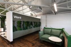 Branded biophilic feature wall in office interior design project.