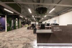 Branded office reception area in office interior design project.