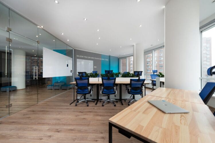 Glazed office space with large windows.