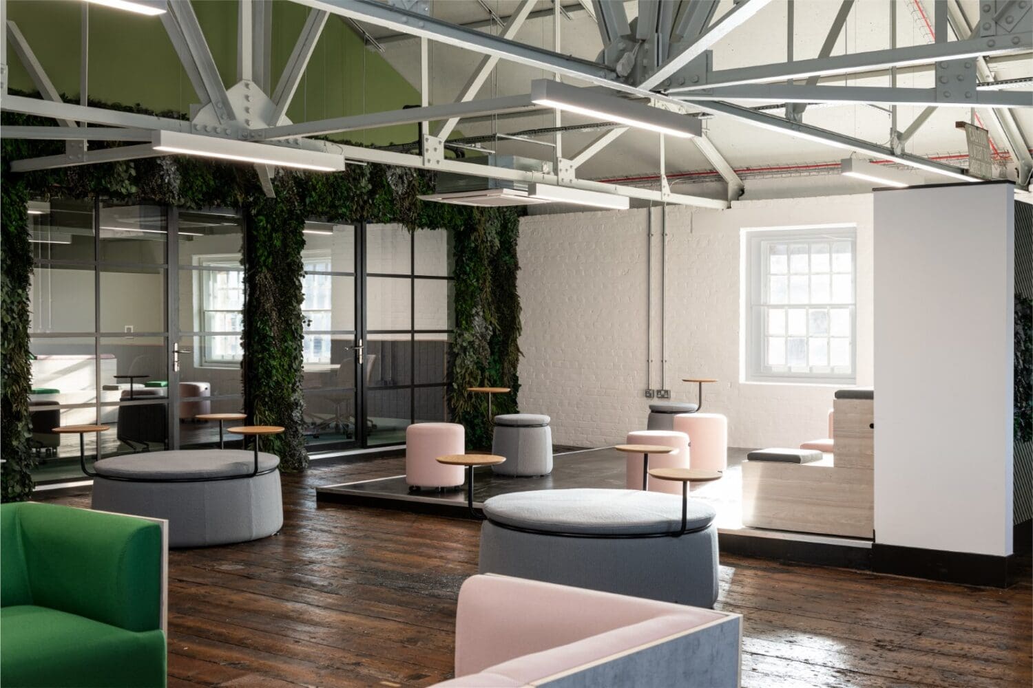 Office breakout space with bleacher seating.
