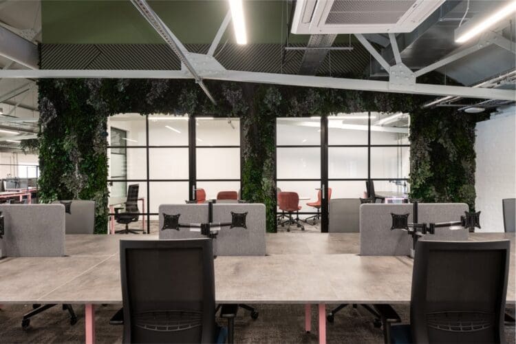 Office furniture solutions infront of biophilic feature wall.