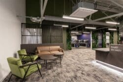 Office reception area with high end soft seating.