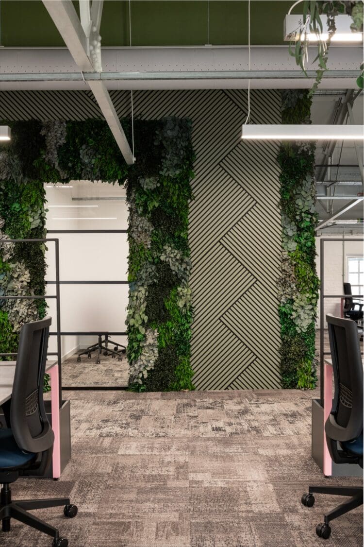 Slatted timber and biophilic feature wall in office interior design project. Rap Interiors
