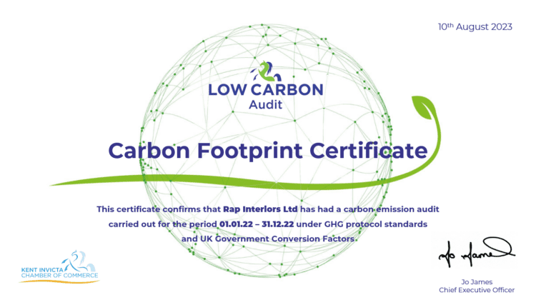 Carbon Audit Certificate for Rap Interiors Commercial Fit Out Contractor.