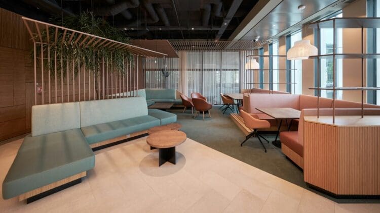 High end hospitality style office breakout area.