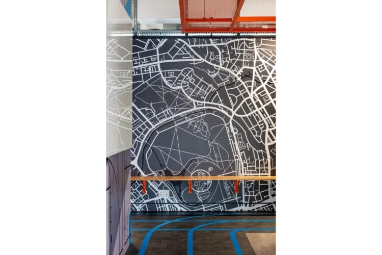 Hudl local map feature wall graphic in London office refurbishment.