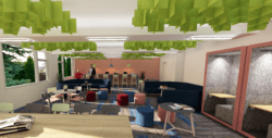 3D render of school study room interior design scheme with suspended ceiling acoustics.