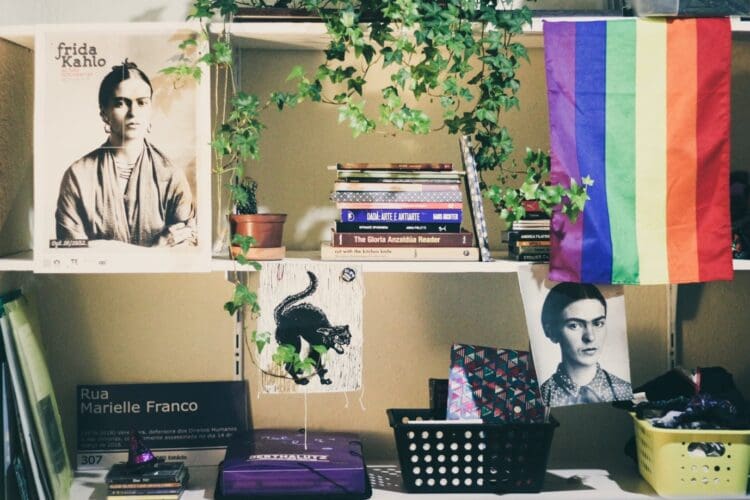 Shelves as design feature in office backdrop for social media posts.