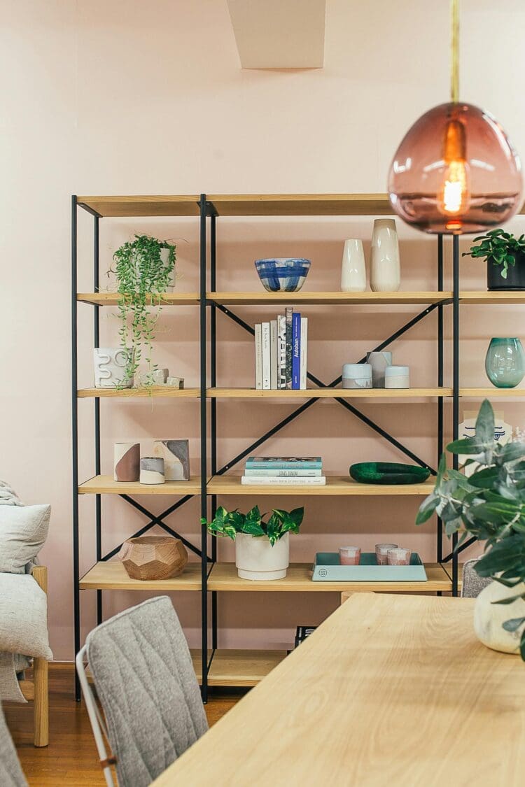 Decorative styled shelf with biophilic elements and books.