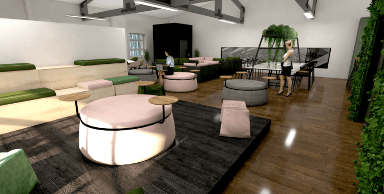 3D render of office breakout space with bleacher seating and modular furniture solutions.