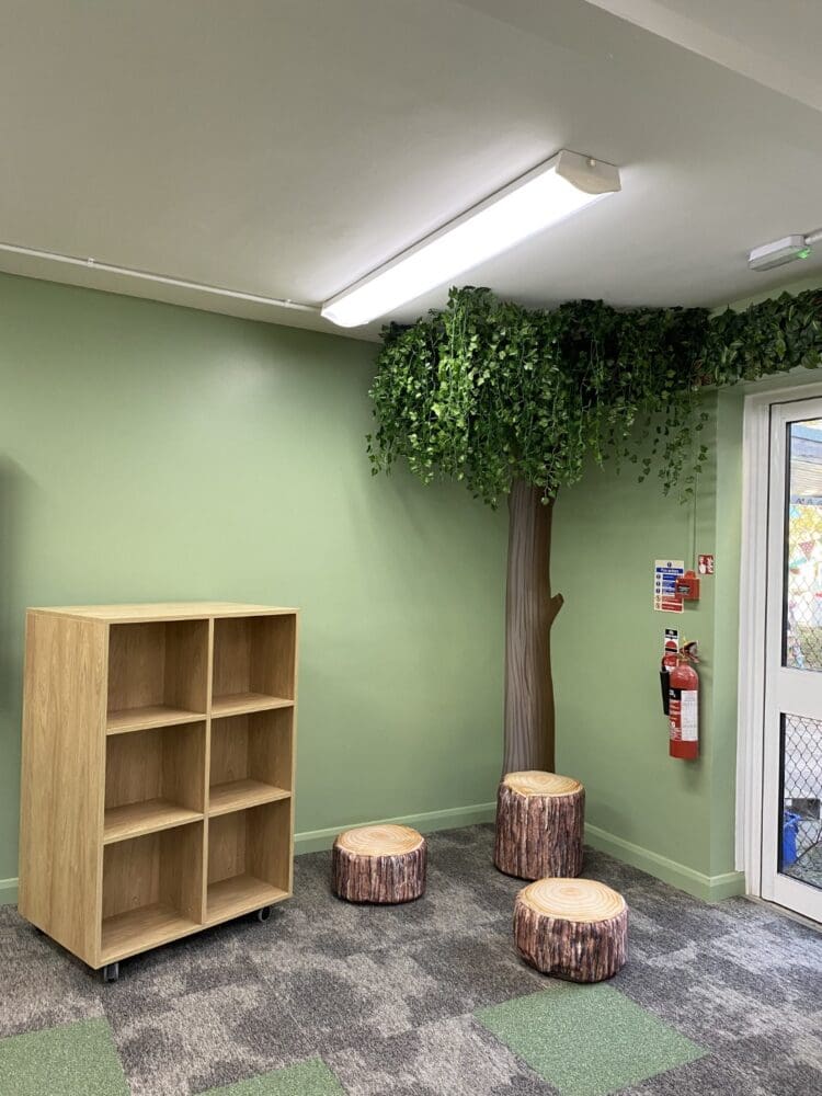 Reading corner in school library interior design scheme.